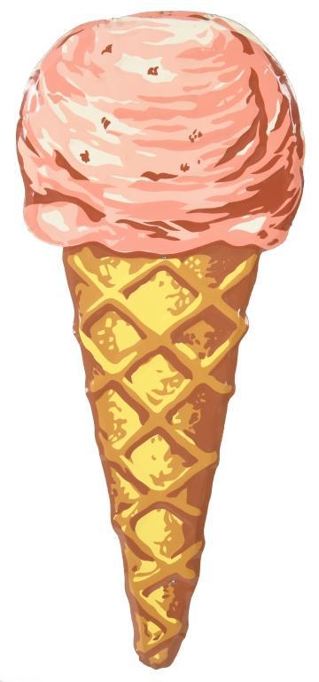 Ice Cream Cone Sign: SSET. Excellent color and gloss. Has minor wear throughout. Two nail holes with minor paint loss. Displays nicely. Measures: 28" x 12" Rating: 8.5 Est: $250-$400