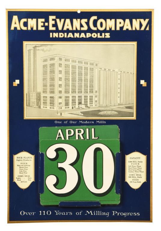 Acme Evans Company Calendar: SST over cardboard with heavy cardstock month inserts. Great color with a clean field and minor scratching along the perimeter. Great building graphics. Measures: 19"X13" Rating: 8.75 Est: $300-$600
