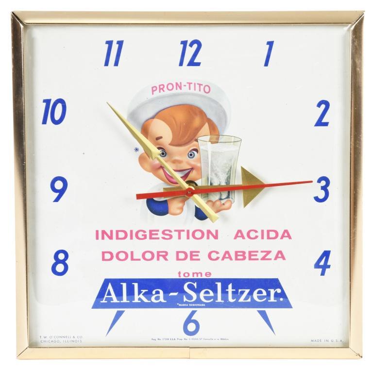 Alka-Seltzer Clock: Non Light up clock. Has good color and keeps time. Minor wear on edges and clock face. Displays well. Measures: 12" x 12" Rating: 9 Est: $150-$300