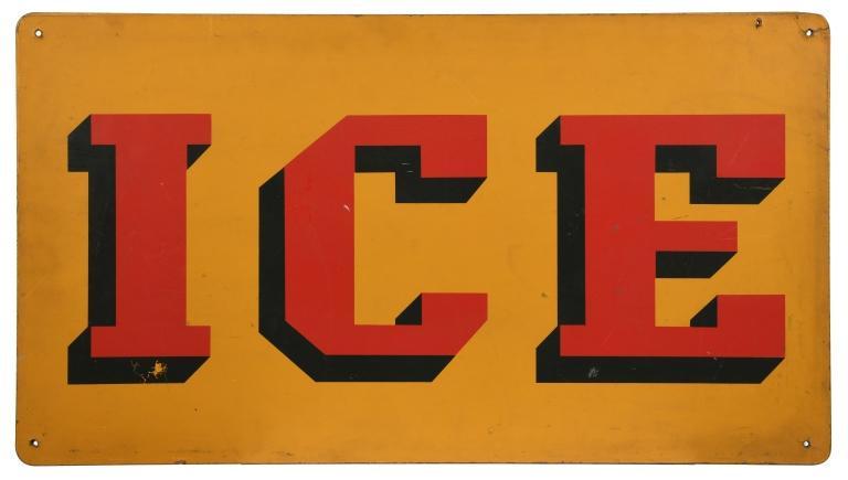 Ice Sign: DS Masonite. Good color. Shows areas of paint loss and staining. Corners, edges, and mounting holes have wear. Neat sign that displays well. Measures: 20" x 36" Rating: 7.5-8 Est: $100-$200