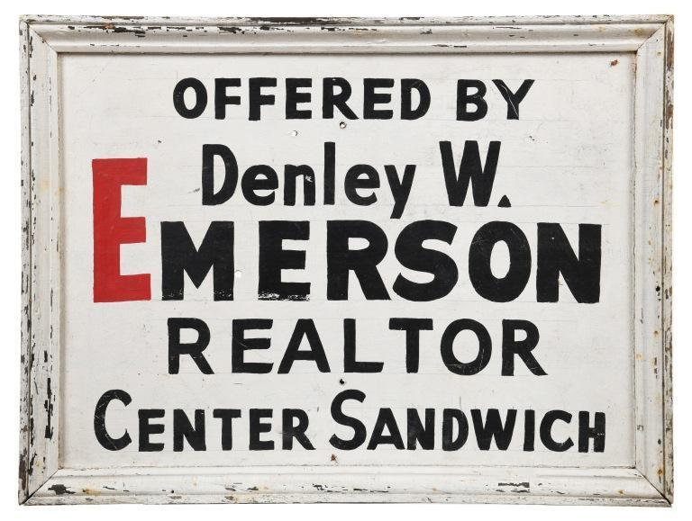 Emerson Realtor Sign: Framed single sided masonite. Good color with paint loss and added holes. Nice piece with a great look. Measures: 18"X24" Rating: 7.5 Est: $100-$300