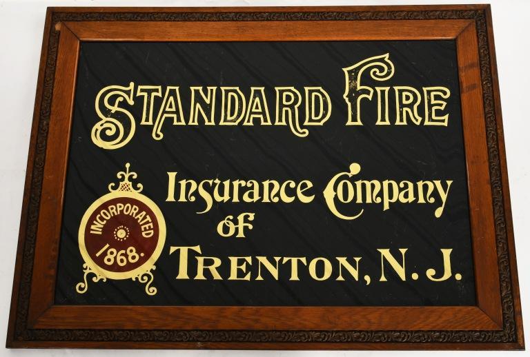 STANDARD FIRE INSURANCE ADVERTISING: STANDARD FIRE INSURANCE ADVERTISING. REVERSE PAINTED GLASS IN WOOD FRAME. SOME CHIPPING ON PAINT. GOOD CONDITION
