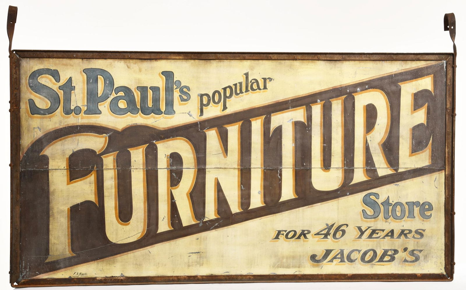 ST PAUL FURNITURE STORE SIGN: ST PAUL FURNITURE STORE SIGN. SS PAINTED METAL IN STEEL FRAME. HANGING BRACKETS ATTACHED. SIGNED FA MARKO ON CORNER. NICE PIECE OF MINNESOTA ADVERTISING. FAIR CONDITION