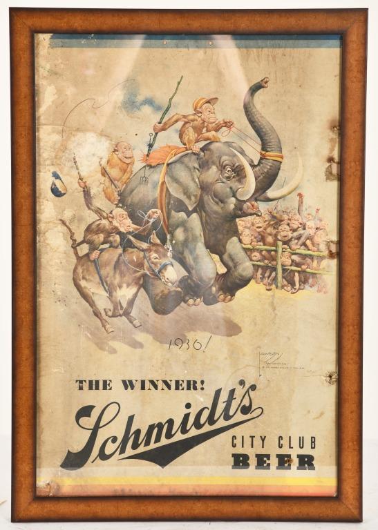 1936 SCHMIDT'S BEER CITY CLUB BEER ADVERTISEMENT: SINGLE SIDED FRAMED. GOOD COLOR WITH AREAS OF WEAR/STAINING. GREAT GRAPHICS. FAIR CONDITION. 