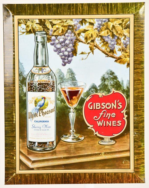 GIBSON'S WHITE PHEASANT WINE SIGN: SST OVER CARDBOARD. GREAT GLOSS AND COLOR. MINOR WEAR. GREAT GRAPHICS. VERY GOOD CONDITION. 