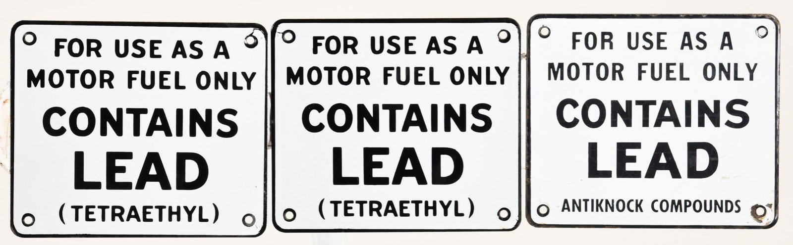 LOT OF 3 CONTAINS LEAD GAS PUMP SIGNS (1 of 2)