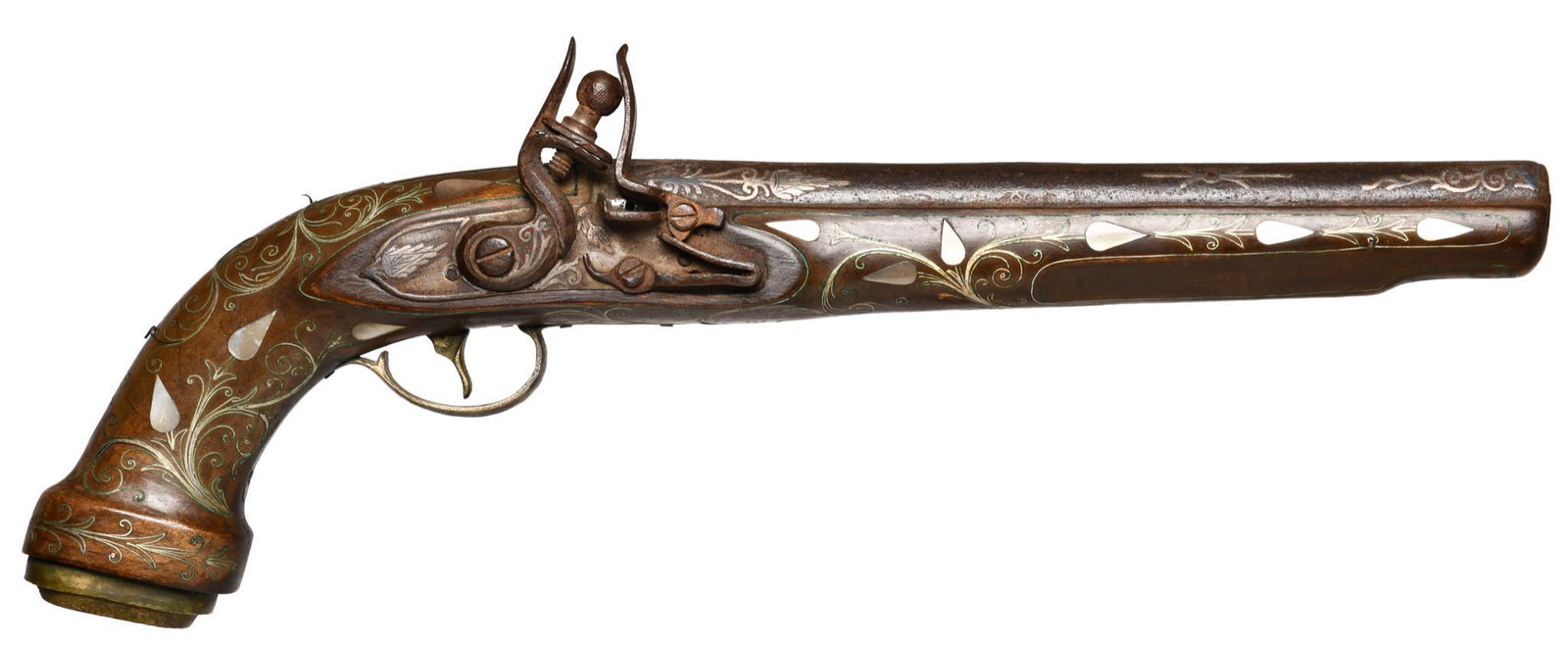 flint lock .45 caliber pistol: antique. silver in-lay on barrel