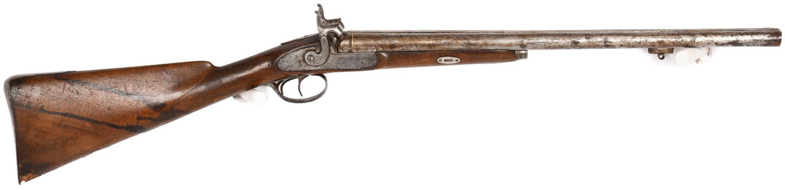 Spanish Side By Side 16 Gauge Percussion Shotgun: Antique. Gold inlay. Poor condition. Barrels are shortened. 21" barrel length.