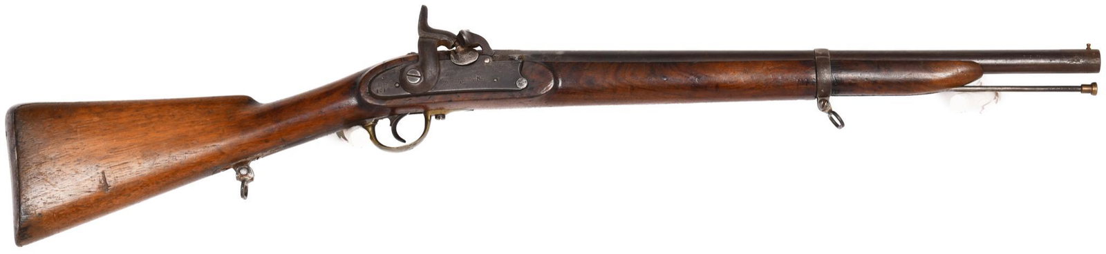 Antique Spanish Artillery Carbine .58 Caliber: Dated 1857. 22" rifled bore.Has cleaning rod. Lock is fully functional.