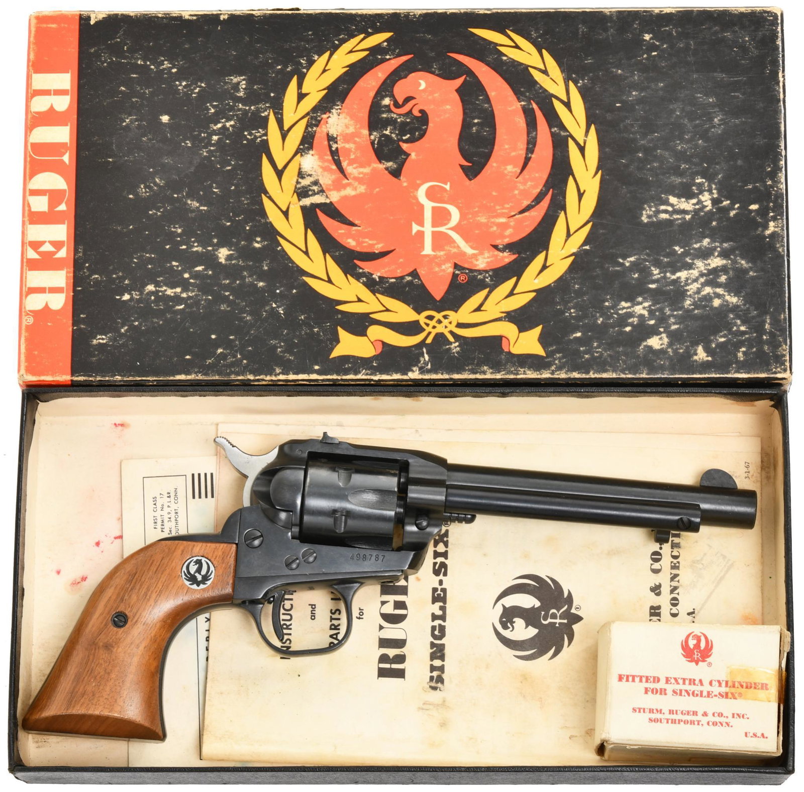 Ruger Old Model Single Six .22 Caliber Single Action: 5 1/2" Barrel. 6 shot. 3 screw pre-warning gun. Comes w/ both cylinders, long rifle and magnum. Has a little carry wear. bluing is 95%. In factory box w/ papers.