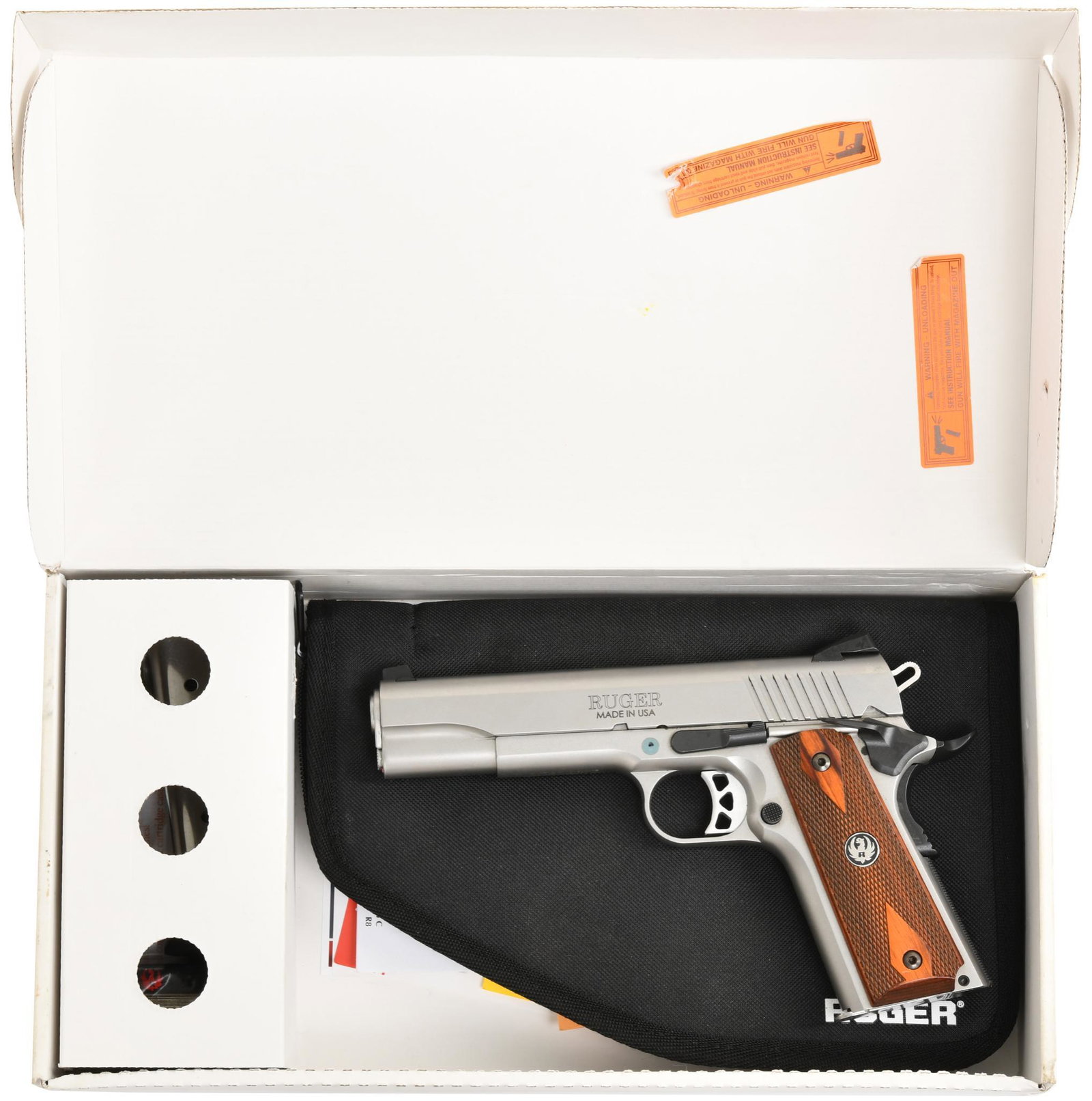 Ruger Model SR1911 .45 Caliber Semi Auto Pistol S#:: 5" Barrel. 8 shot. Stainless steel w/ factory walnut double diamond grips. in the factory box w/ soft case and paperwork. Comes w/ 2 magazines.