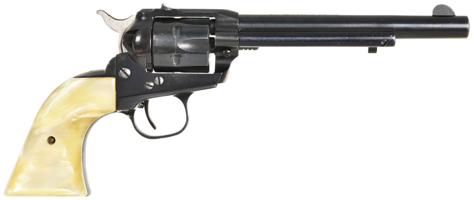 Ruger Old Model Single Six .22 Caliber Single Action: 6 1/2" Barrel. 6 shot. 3 screw pre-warning. Comes with both cylinders; long rifle and magnum. Has faux mother of pearl grips. Shows some holster wear. Screws have lost their blue. Gun has post "73 con