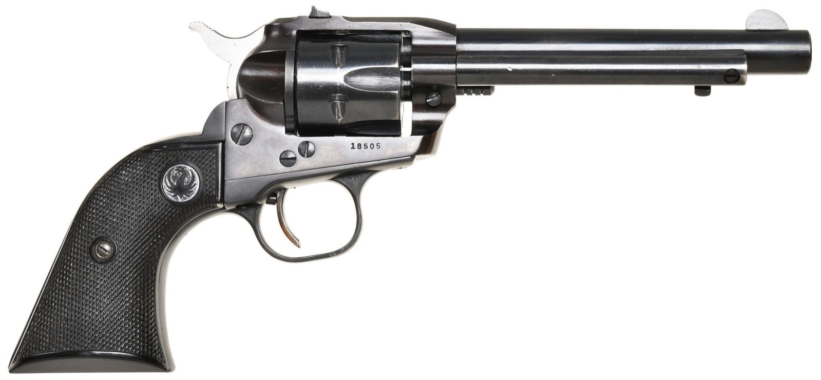 Ruger Old Model Single Six .22 Caliber Single Action: 5 1/2" Barrel. 6 shot. Flatgate, pre-warning 3-screw model. Frame is beginning to turn purple, but appropriate for this vintage. 1 phoenix has lost a little paint on left side. A touch of muzzle wear 