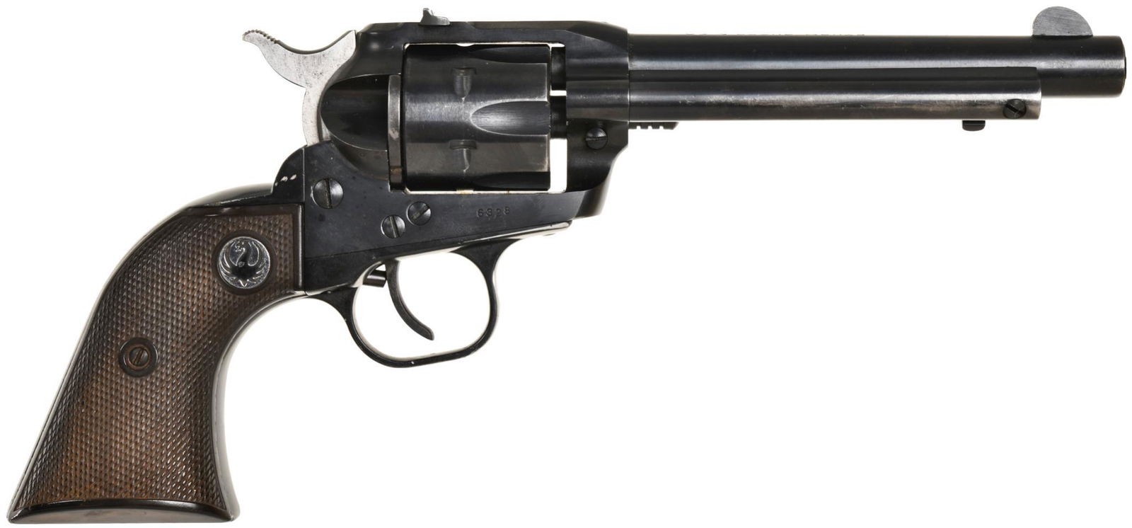 Ruger Old Model Single Six .22 Caliber Single Action: 5 1/2" Barrel. 6 shot. 3 screw pre-warning early flatgate model. Has bluing wear, about 80%. Grips are turning brown. Nice early gun.