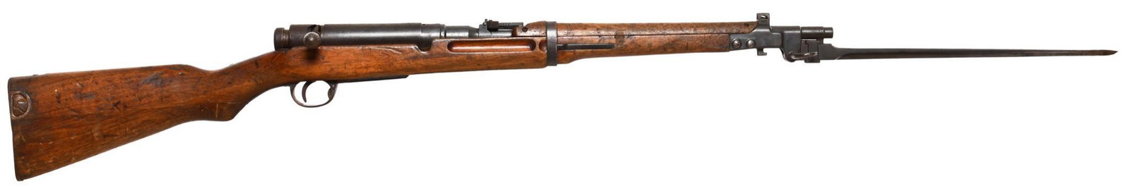 S#30625 Japanese Arisaka type 44 carbine 6.5 Caliber: Has dust cover. Folding bayonet is intact. No cleaning rod in butt.Light corrosion over most of metal stock above average. mum has been ground.