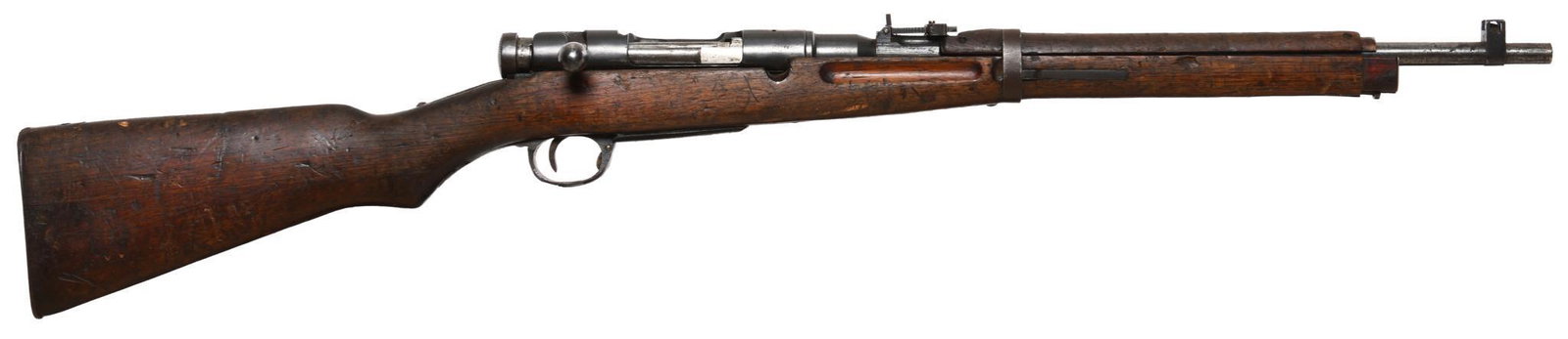 S#34012 Japanese Arisaka 6.5 Caliber Carbine: Mum has been ground. Bolt does not match. Missing front barrel band. Average condition.