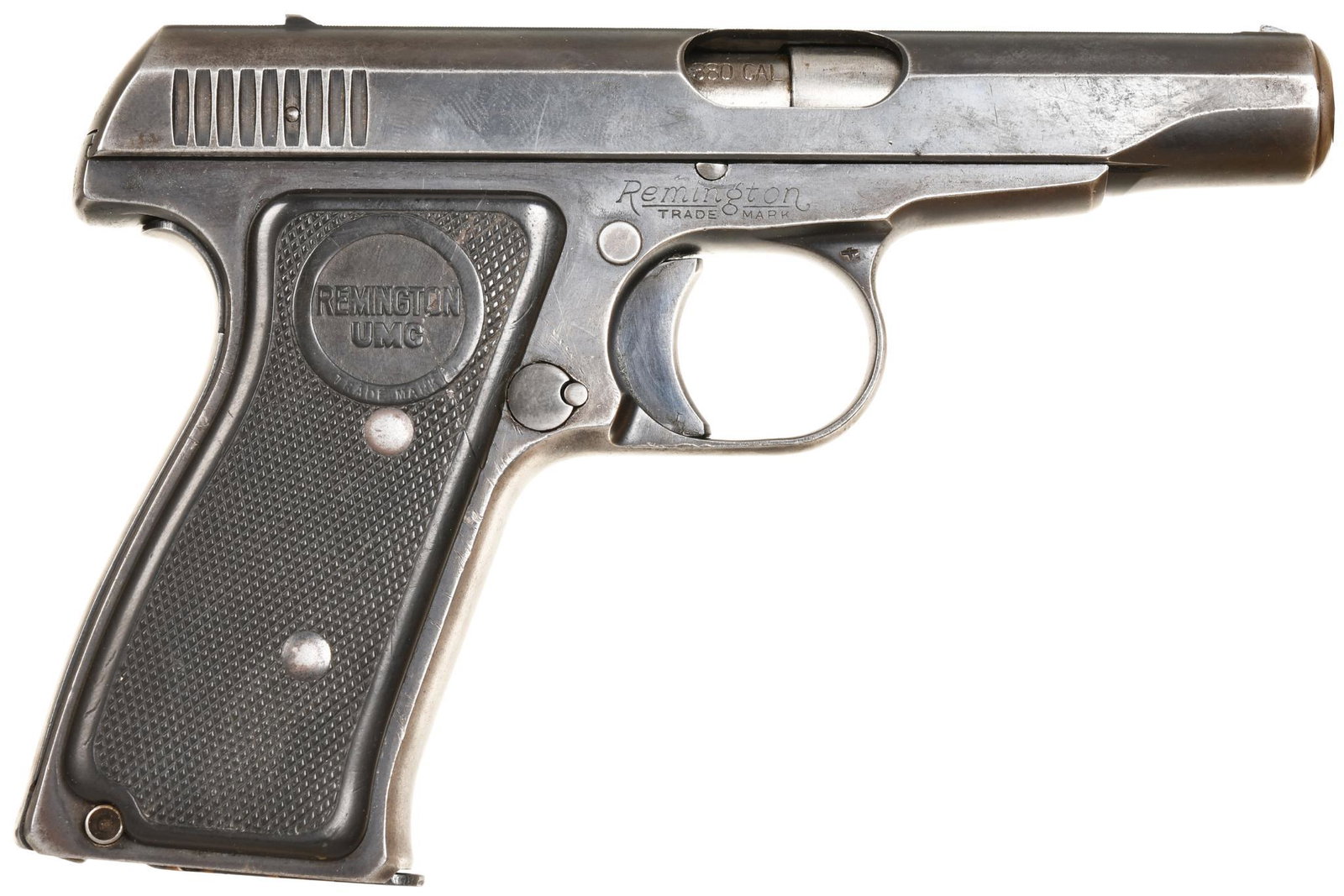 Remington Model 51 .380 Caliber Semi-Auto Pistol S#:: 3 1/4" Barrel. 8 shot. 50% blue. Crack has been repaired on the right grip panel. Commensurate wear on the rest of the gun. Very good working order. Mag has been re-blued.