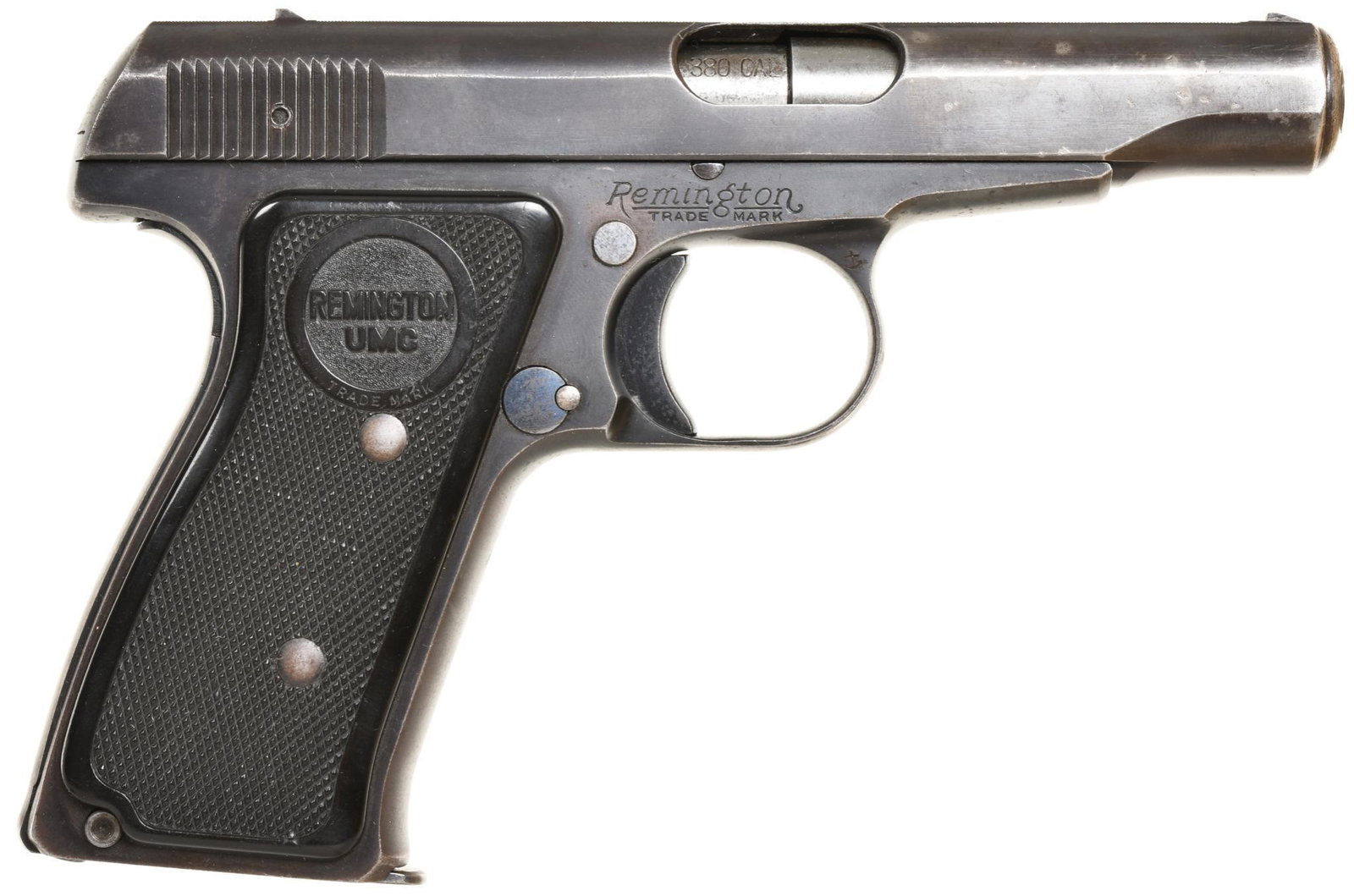 Remington Model 51 .380 Caliber Semi-Auto Pistol S#:: 3 1/4" Barrel. 8 shot. 60% blue. Has a little fire blue on correct parts. Mechanically very good.