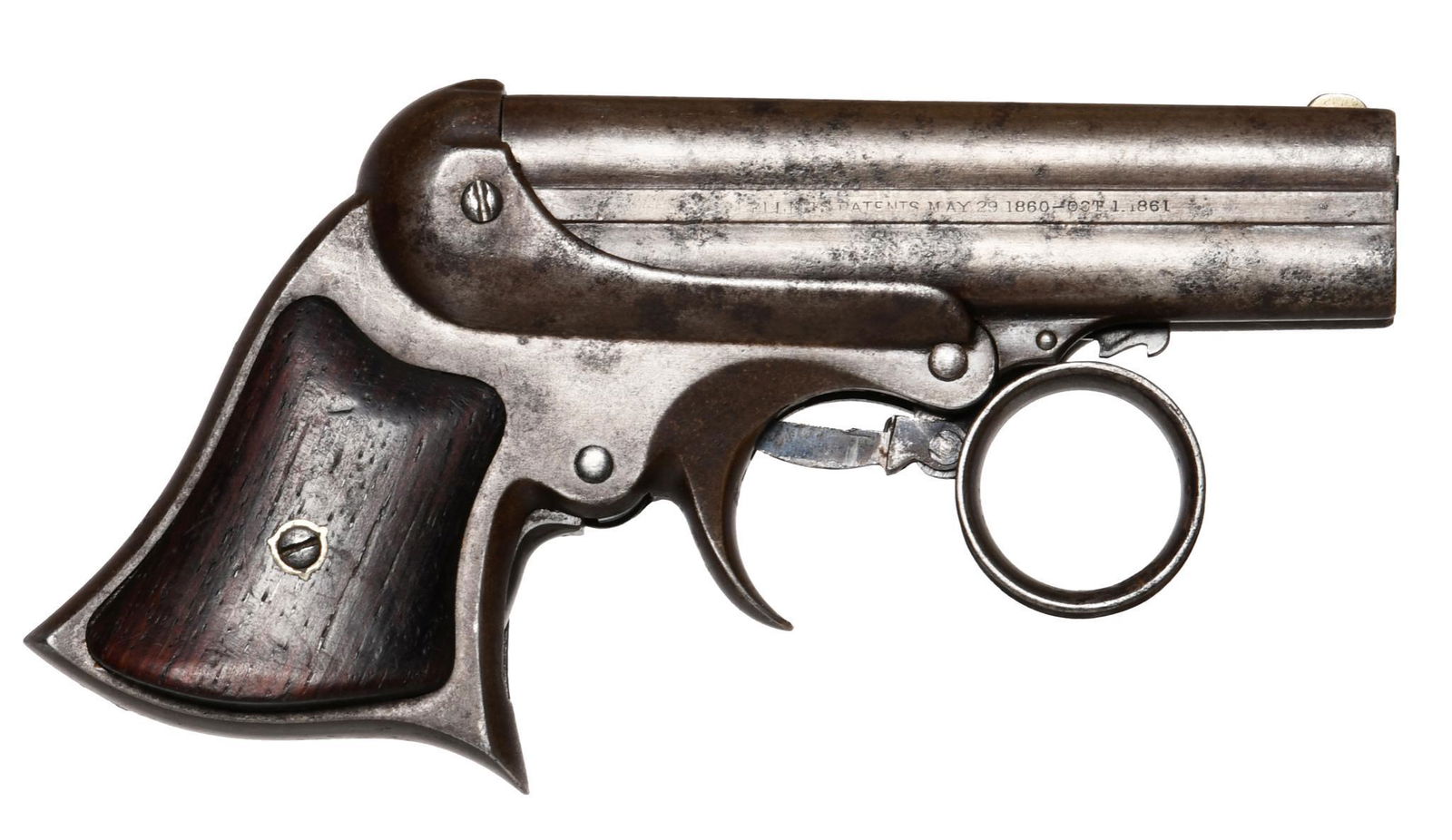 Remington Ring trigger .32 caliber 4 shot derringer: antique. finish is gone. action works well. intact walnut grips.ï¿½