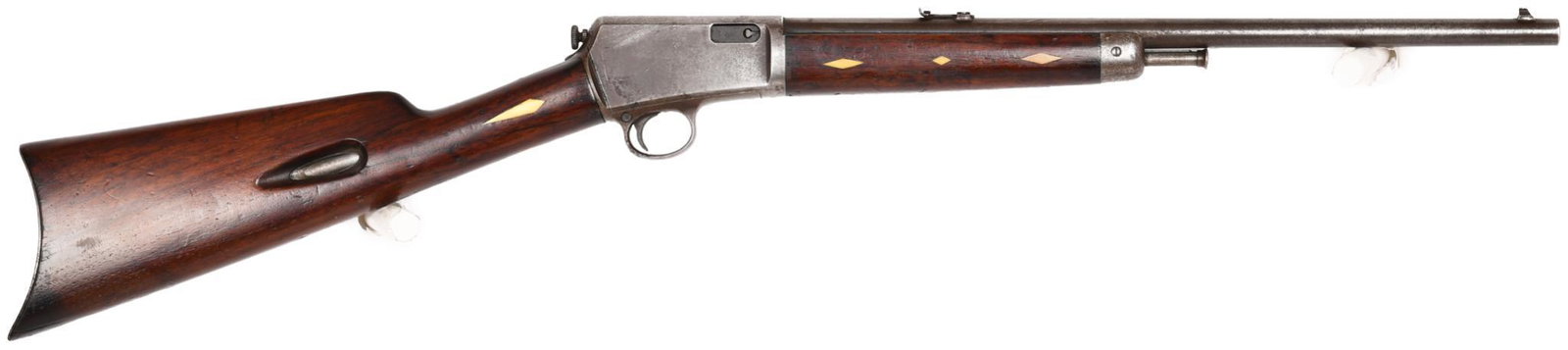 Winchester Model 1903 .22 Automatic Rifle S# 262: 50% blueing. Heavy handling marks in the stock. Low serial number, Nice inlay. 17" barrel.