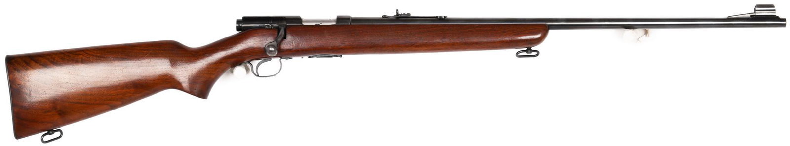 Winchester Model 43 .22 Hornet Bolt Action Rifle S#: Manufactured 1949. 90% blue. Has front sight hood. Comes with one magazine. Very good used condition.