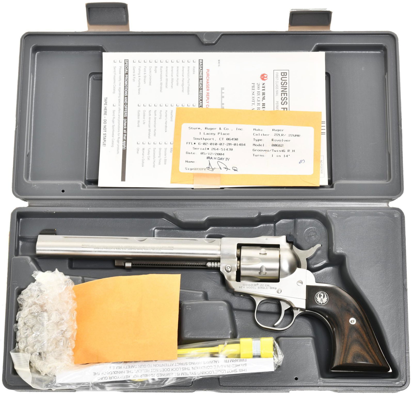 Ruger New Model Single Six .22 Caliber Single Action: 7 1/2" Barrel. 6 shot. Comes w/ Ruger rings. .22 long rifle and .22 Magnum cylinders. Stainless steel. New in the box w/ papers.
