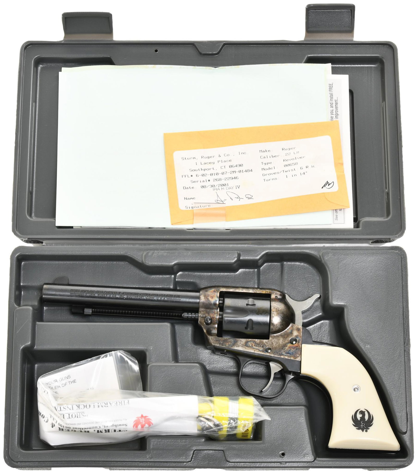 Ruger New Model Single Six .22 Caliber Single Action: 5 1/2" Barrel. 6 shot. Special Edition w/ case. Hardened receiver. Faux ivory grips.New in the factory box w/ papers. .