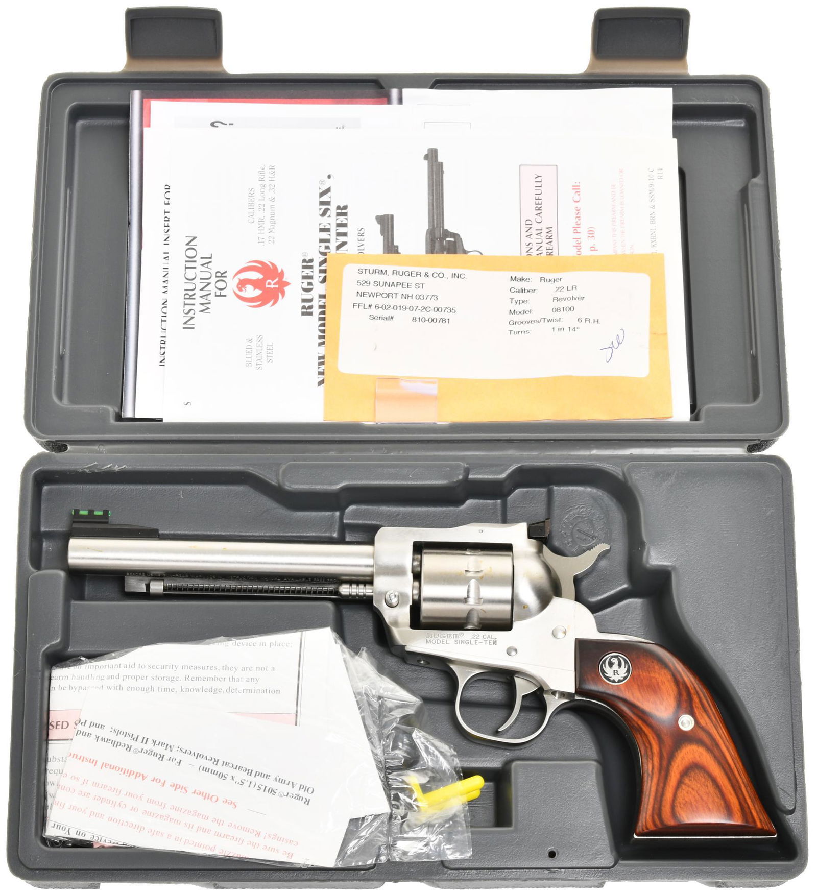 Ruger New Model Single Ten 22 Long Rifle Single Action: 5 1/2" Barrel. 10 shot. Hi-wis sight. Stainless. Very nice hardwood grips. New in factory box w/ papers