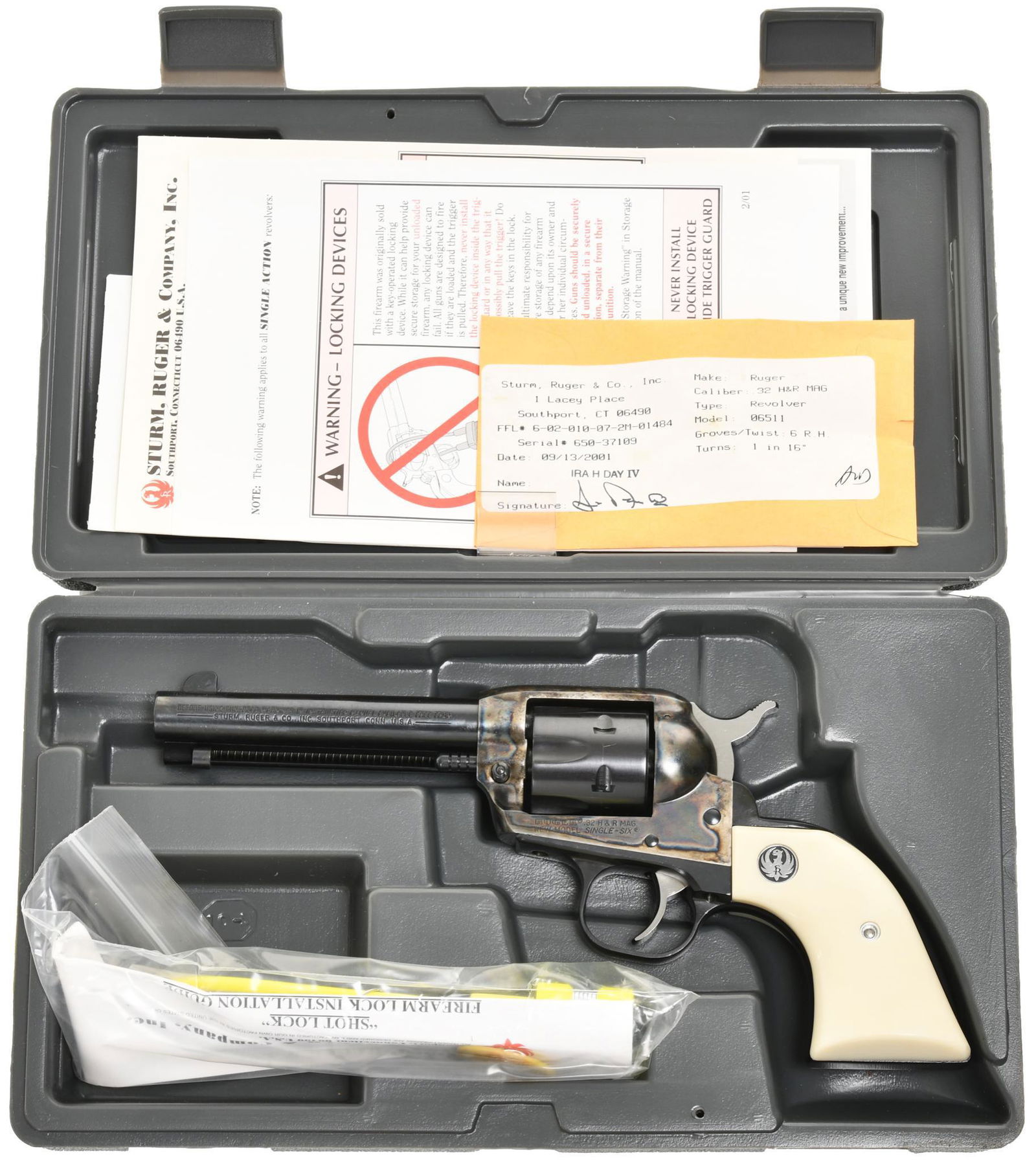 Ruger New Model Single Six .32 H & R Magnum Single: 4 5/8" Barrel. 6 shot. Faux ivory grips. Case hardened receiver. New in factory box w/ papers.