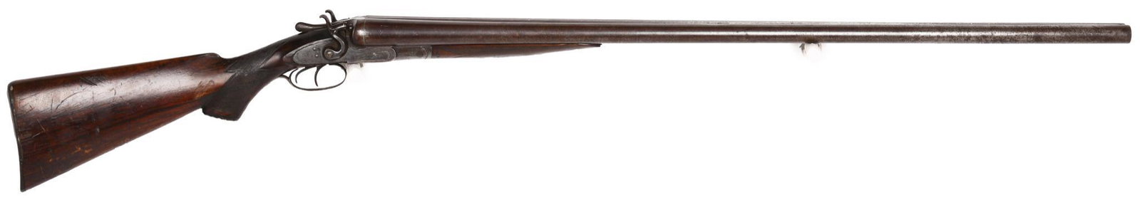 Antique Wesley Richards .10 Gauge Side by Side Shotgun: Exposed hammers. both function. 36" damascus steel barrels with solid rib.original horn butt plate intact as is the grip cap. Finish has turned mostly brown.