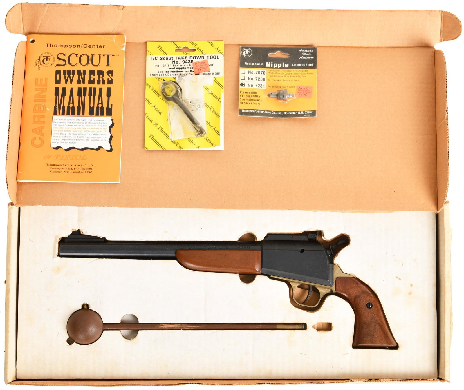Thomson Center .54 Caliber Scout Single Shot Percussion: Comes unfired in the factory box w/ owners manual and tools. .
