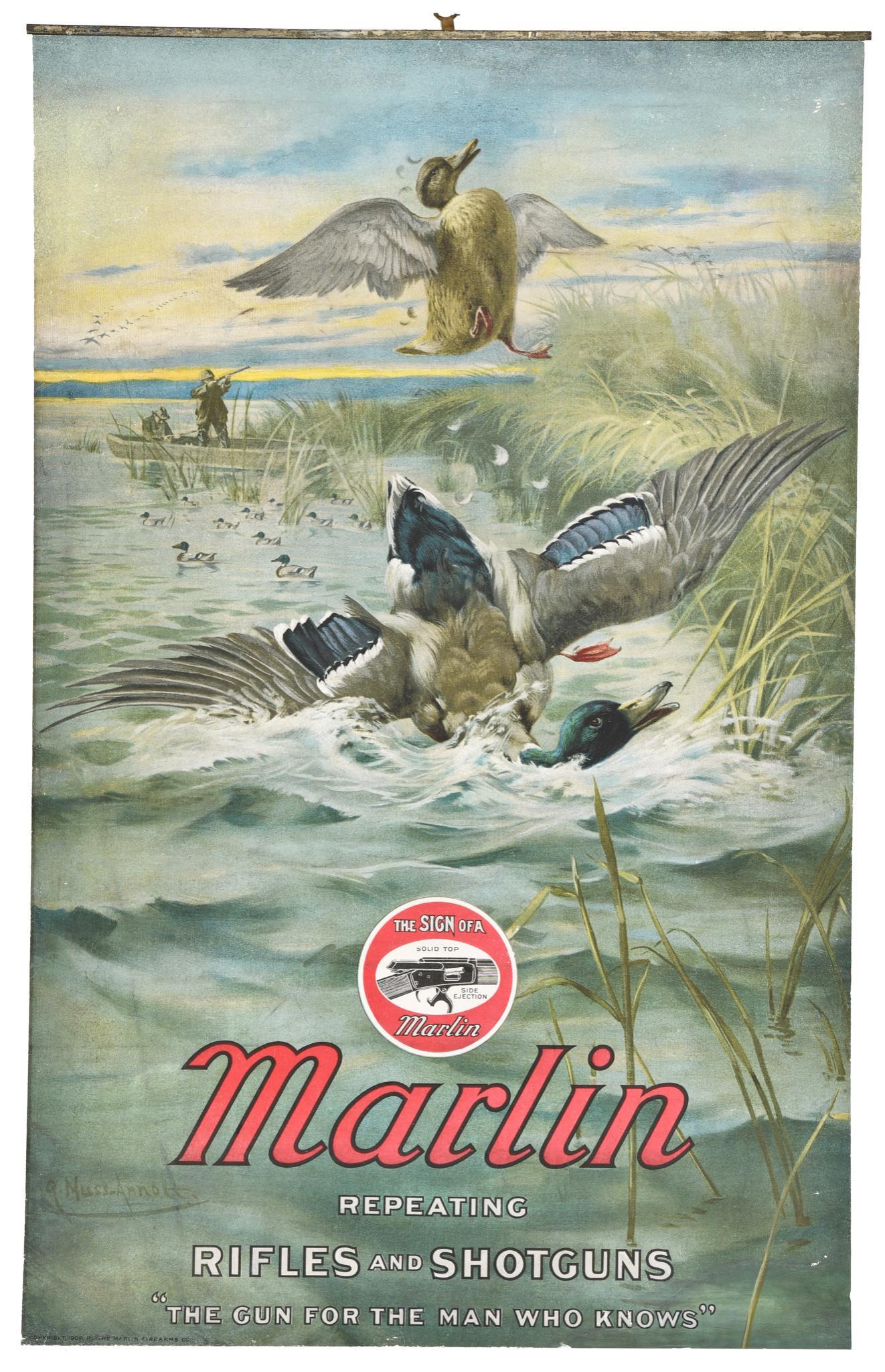 Marlin Repeating Rifles & Shotguns Poster: Single sided poster. Fantastic color. Very minor wear in the field. It also shows edge wear as well. Dated 1908. Displays very well with amazing hunting graphics. 24"X15" Very good condition.