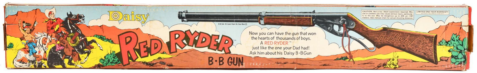 NOS Daisy Red Ryder B.B. Gun: New old stock in original box Box has been opened but the gun looks to be unuse. Box has great color with wear throughout. Nice piece that displays well. 5"X36" Good Condition.