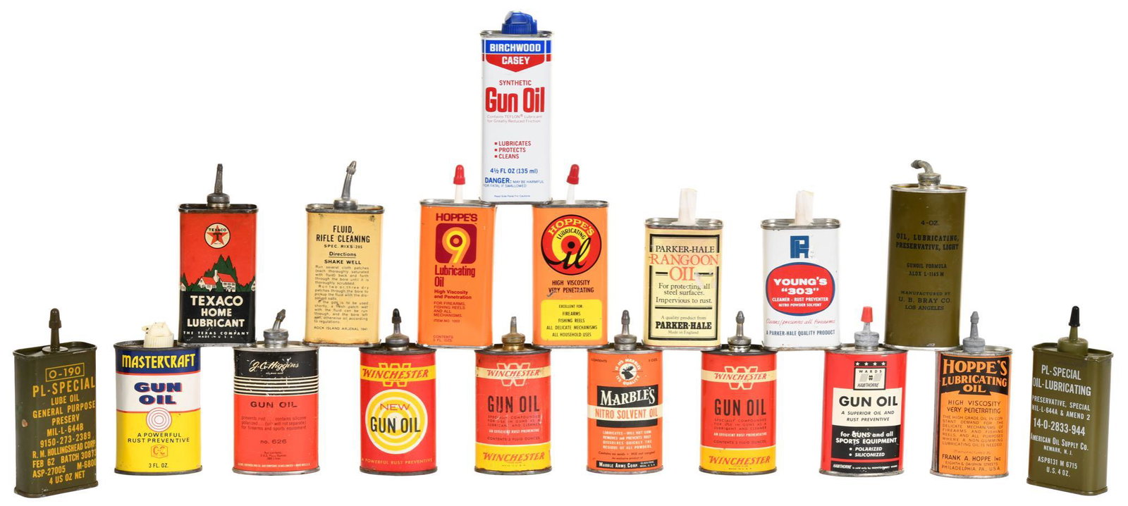 Lot Of 18 Gun Oil Handy Oilers: 3 oz. cans. Most have great color. Areas of paint loss and dings. Instant collection of handy oilers. Good condition.