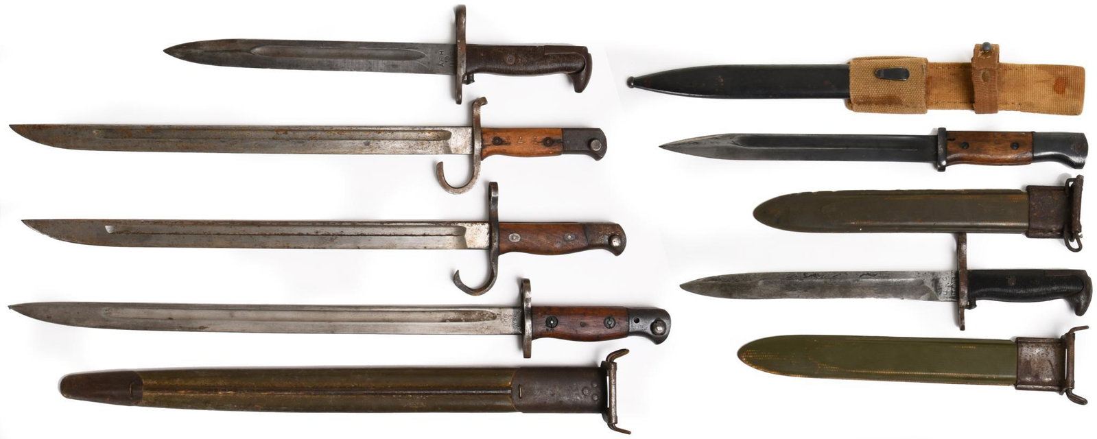Lot Of 6 Various Bayonets U.S. German Japanese: Lot of 6 various bayonets. All are in original condition. Four have the original scabbards. Very nice lot.