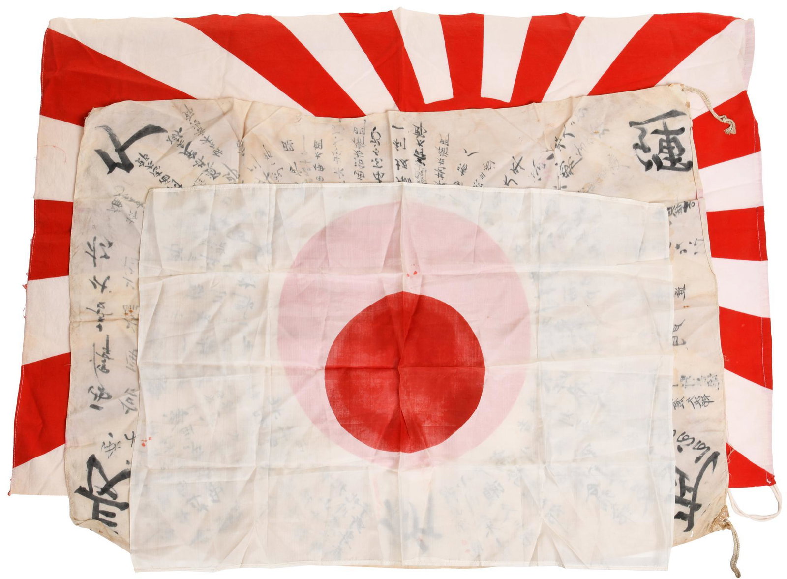 Lot Of 3 Various Japanese Flags.: Three various size flags. All are in original condition. Areas of staining and fading. Very nice lot that displays well. 24.5"X36"/20"X30"/26"X42" Fair/good condition.