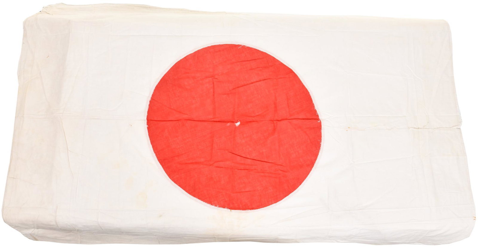 Rare Japanese Flag: Rare 4"X5'6" flag. Good color with areas of minor staining and a small hole in the center. Tough size to find. Good condition.
