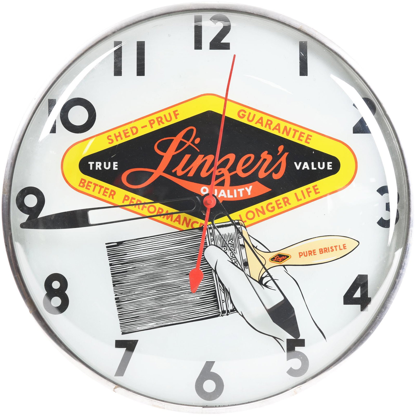 Linzer's Pure Bristle Lighted Clock: The face is in very good condition, is marked Telechron, but is in a Pam clock body, lights up, clock works, 15"D., rated 9