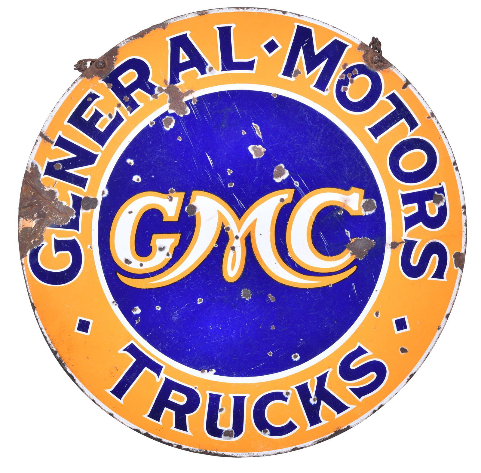 GMC General Motors Trucks Porcelain Sign: DSP sign, has numerous chips, scratches and wear, has a rip at 2 o'clock, 30"D. rated 6.75