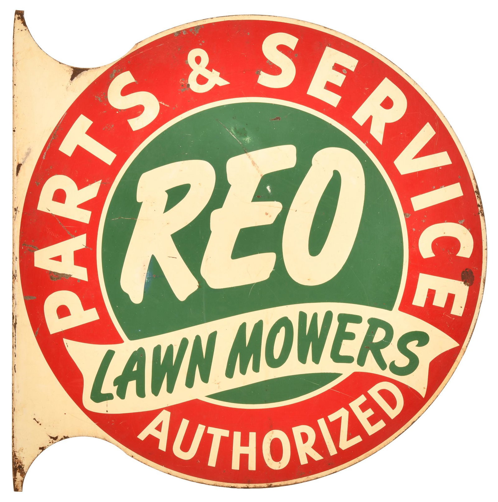 REO Lawn Mowers Parts & Service Metal Sign: Metal diecut flange sign, has good color and shine, has light wear and a few fine scratches, 18"x18", rated 7.75