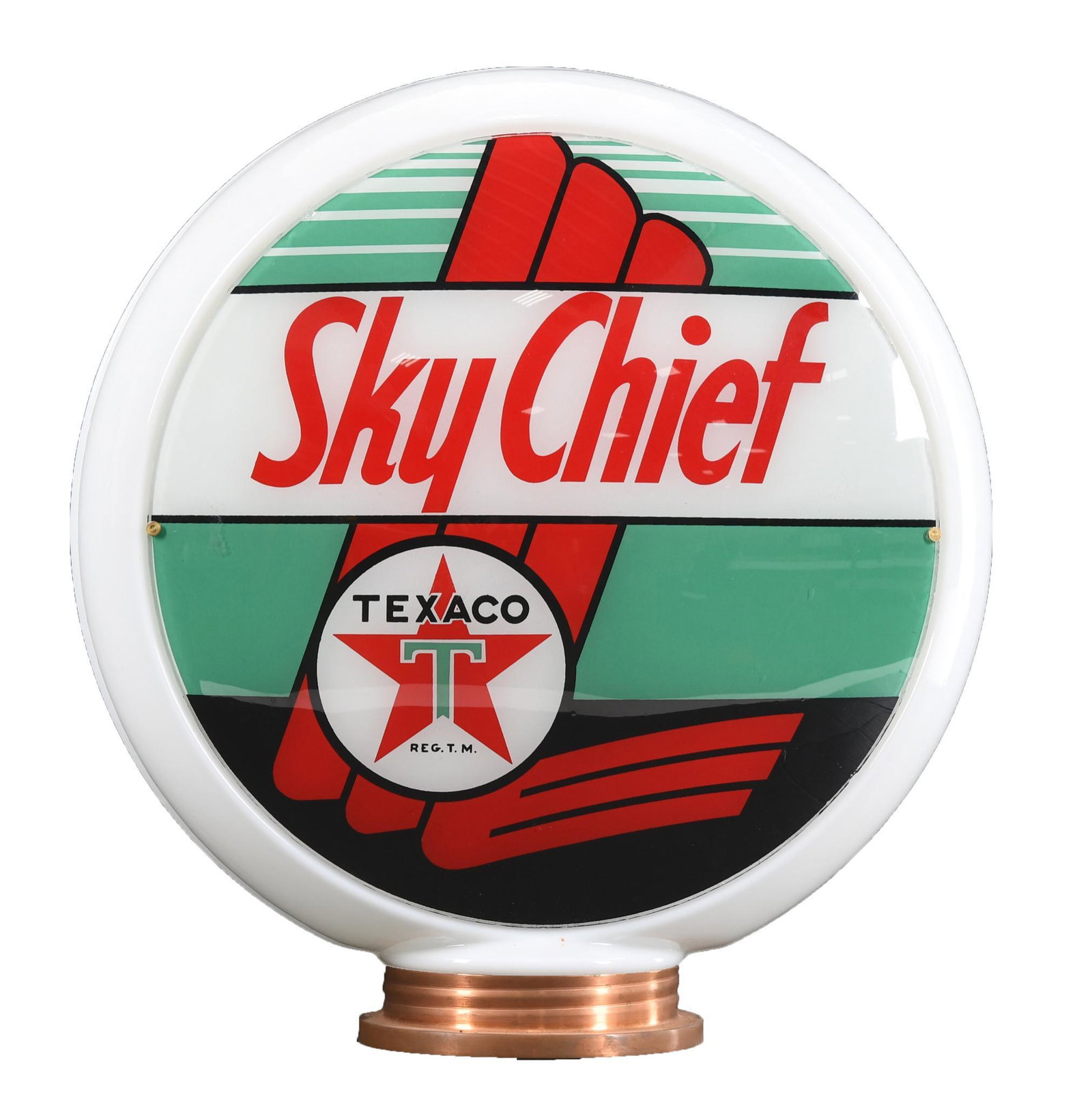 Texaco (white-T) Sky Chief 13.5" Globe Lenses: Both lenses are in very good condition, both have very minor edge wear, mounted on a narrow glass globe body with screw copper base, rated 8.9