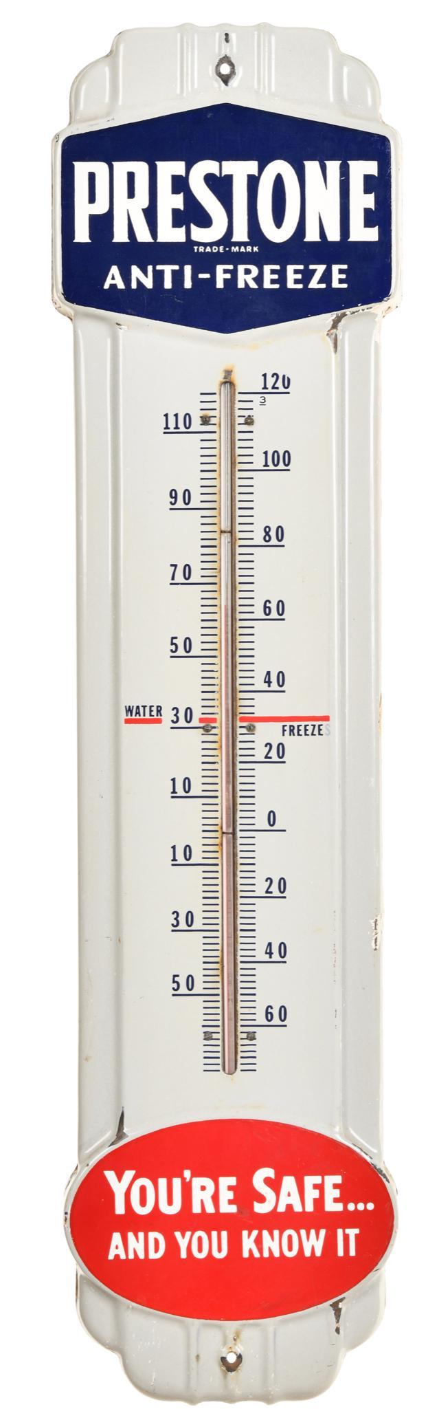Prestone Anti-Freeze "You're Safe and You Know It": Porcelain thermometer, tube is good, has chips along the sides and top and bottom, 36"x9", rated 8
