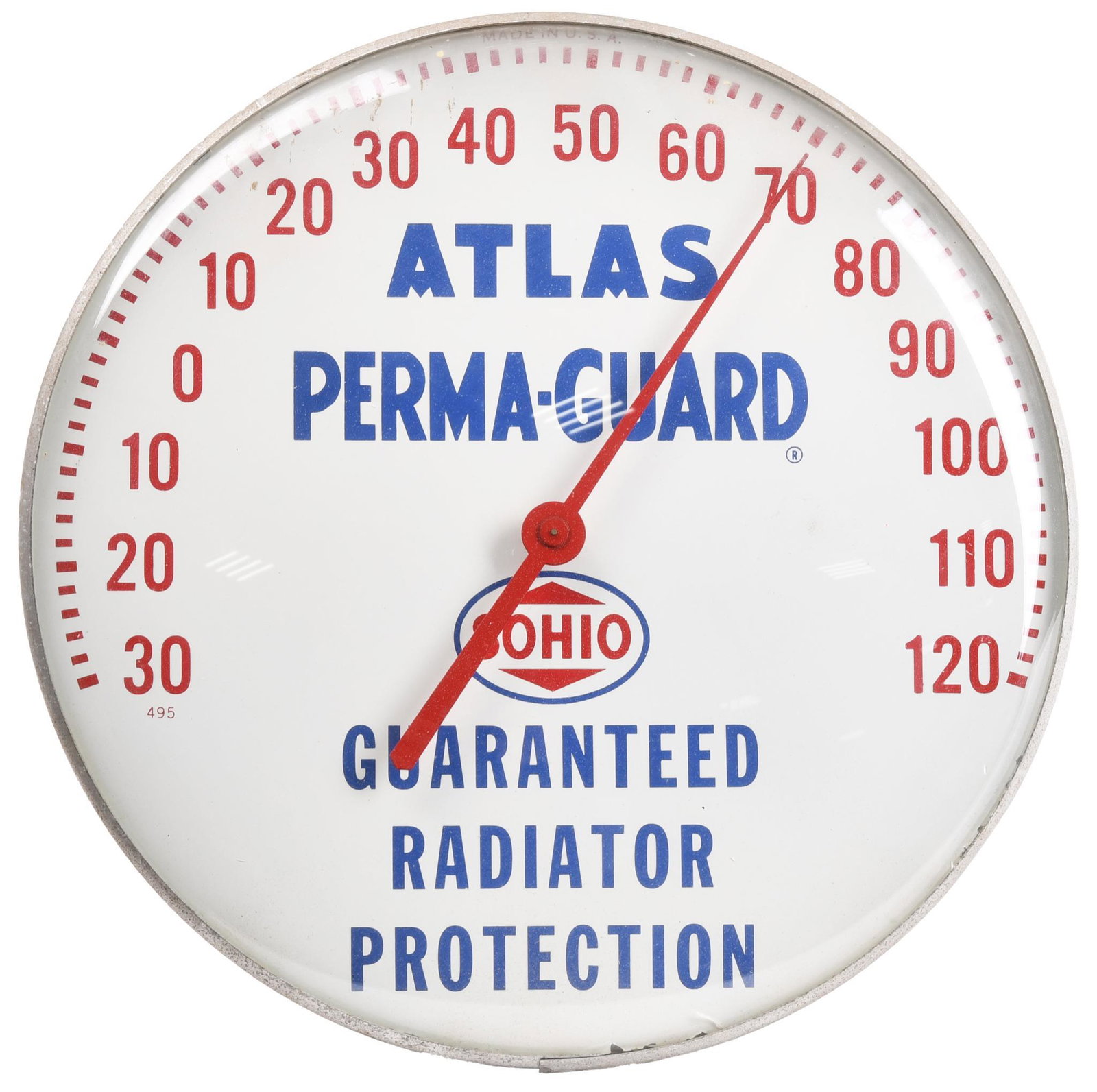 Sohio Atlas Perma-Guard w/logo Round Thermometer: Round thermometer has good color, works, glass bezel, 12"D., rated 8.9