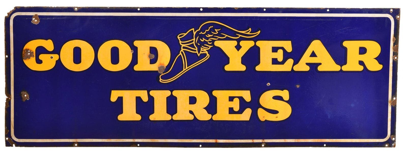 Goodyear Tires w/winged foot logo Porcelain: SSP sign has good color and gloss, has chips, staining and wear in the field, 24"x66", rated 7