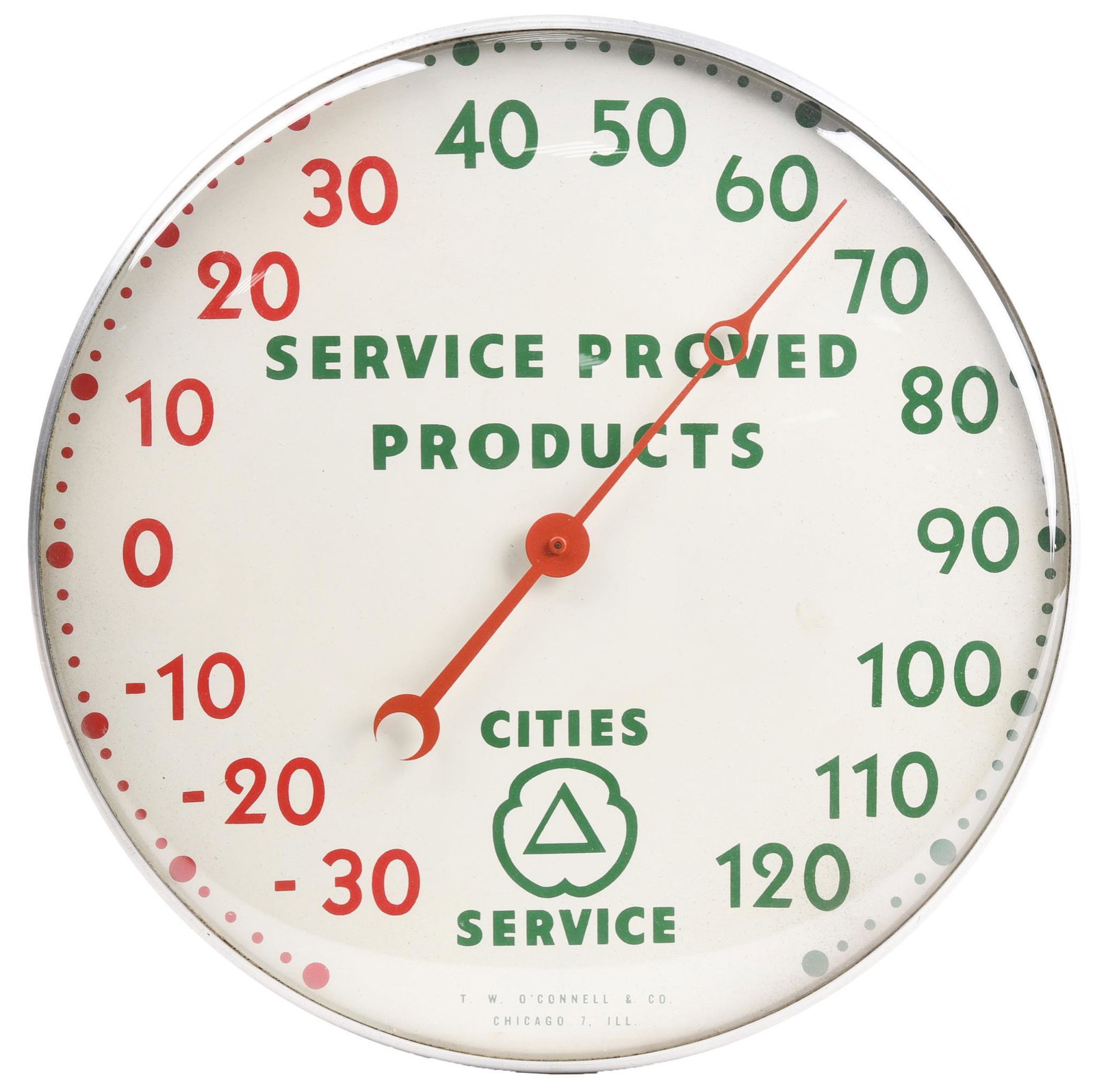 Cities Service Proved Products Round Thermometer: Round thermometer with glass face, in good condition, 12"D., rated 8.75