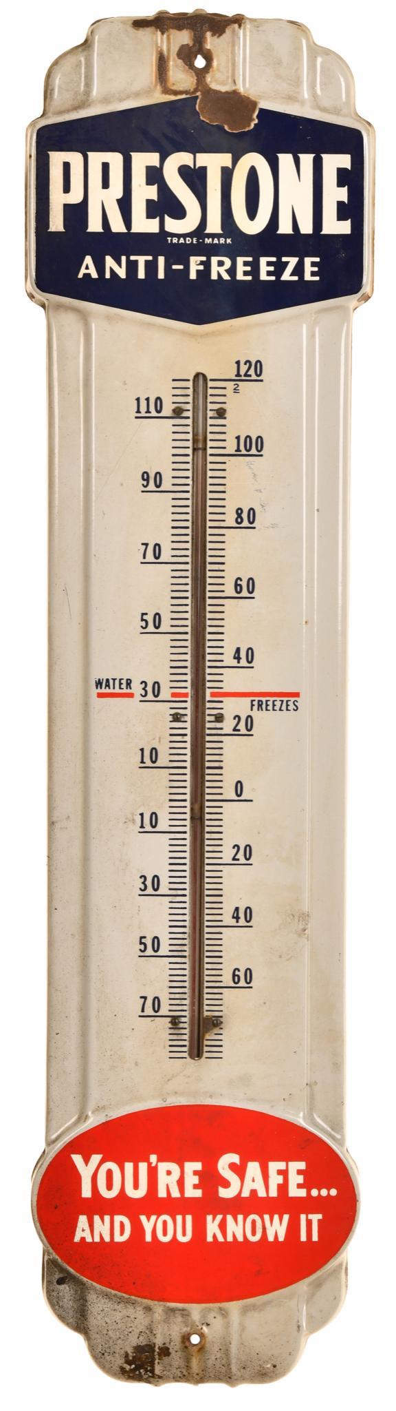 Prestone Anti-Freeze "You're Safe and You Know It": Porcelain thermometer, tube is good, has chips at top and bottom, 36"x9", rated 8