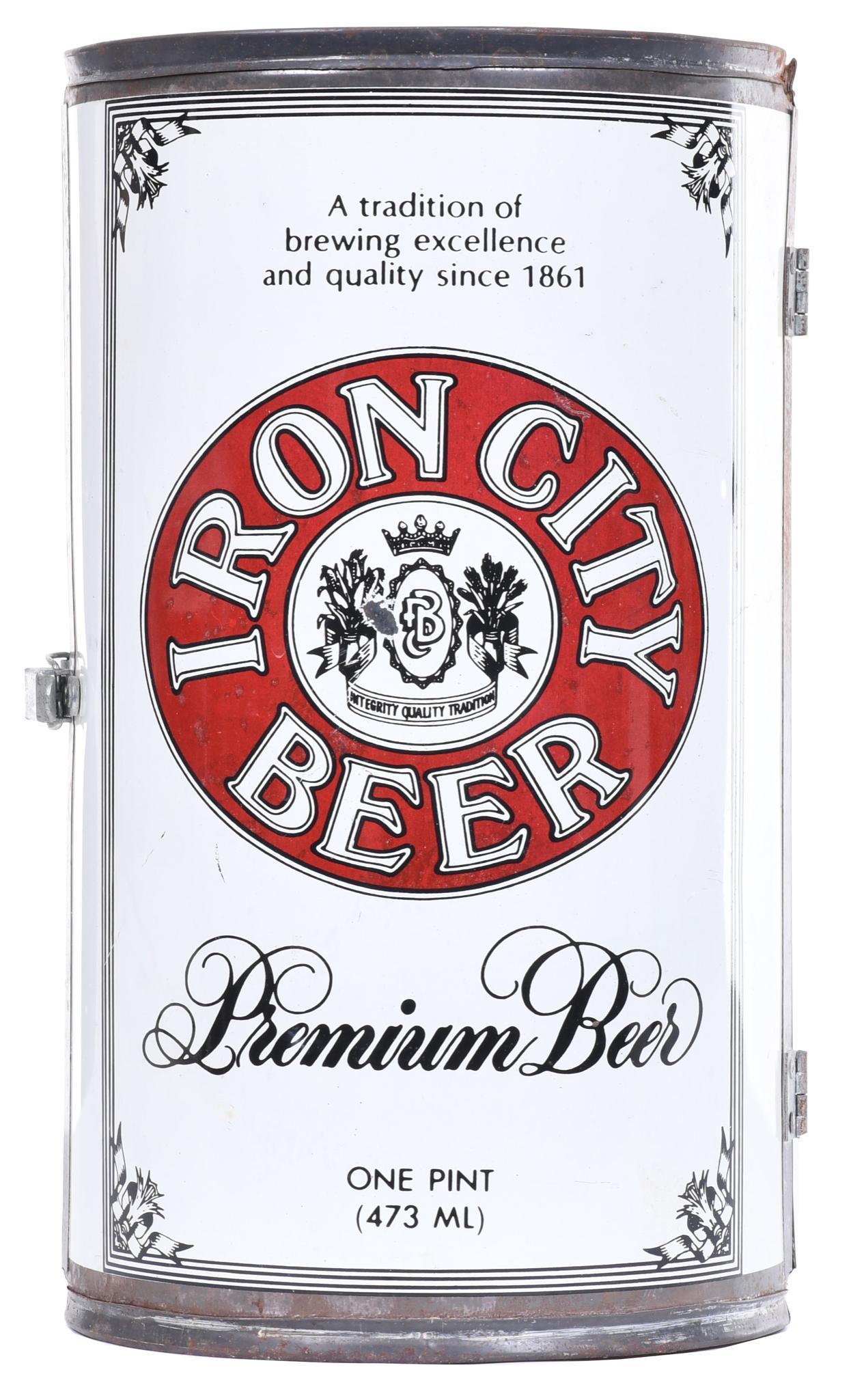Iron City Beer Can Style Bar-b-que Grill: Metal can has good color and shine, does have wear, some rust, 14.5"T., rated 7.5
