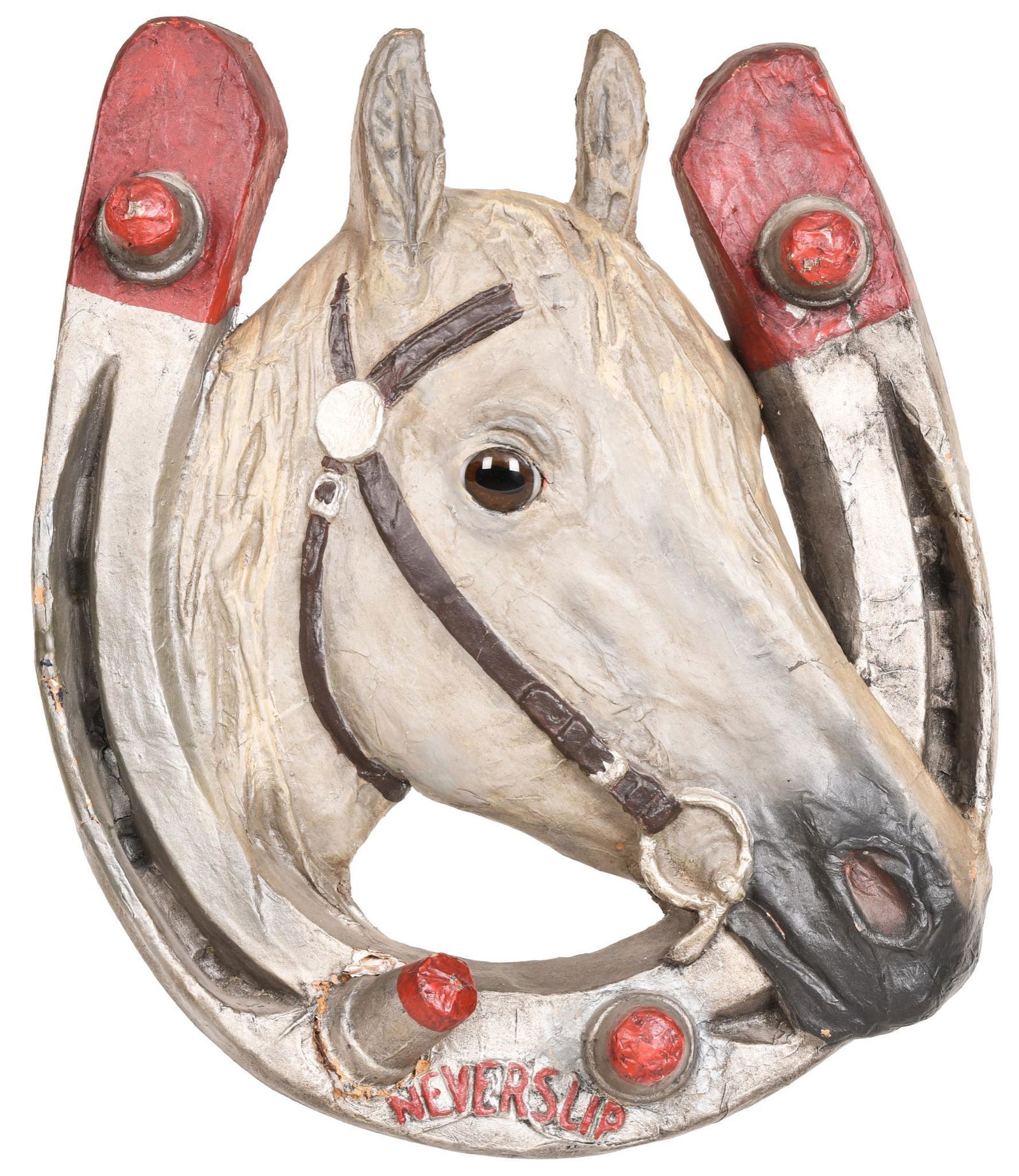 Neverslip (horse shoes) Paper-Mache Sign: Has good color, early piece, does have some damage to one spike at the bottom, has other light wear and scratches, has a paper tag on back the says "National Papier Mache Works, has had repair work do