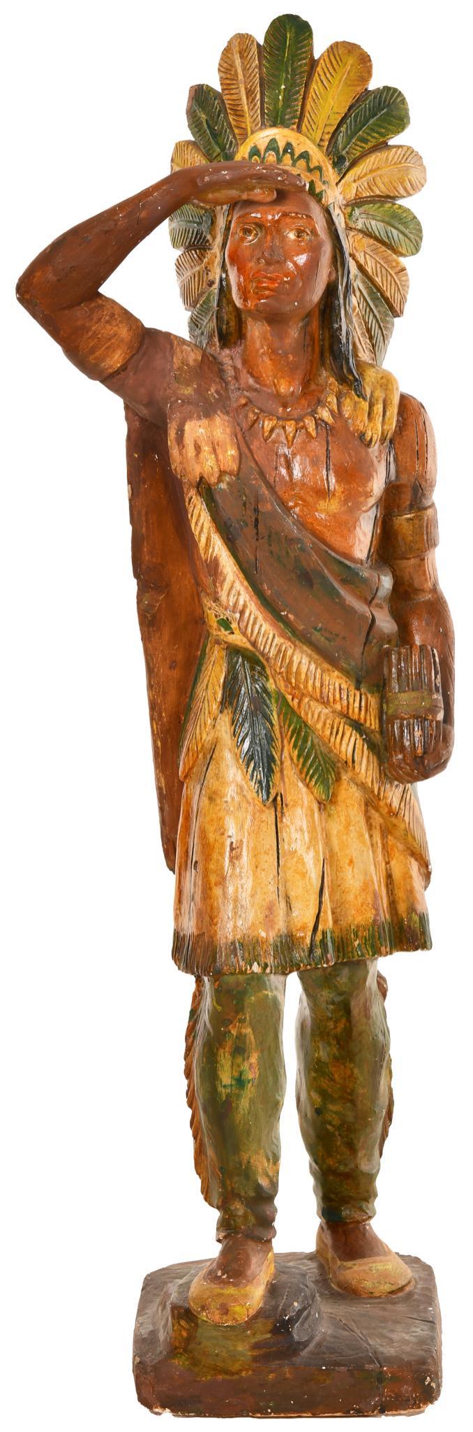 1920's Cigar Store Indian Chief Plaster Statue: In very good condition, hand has been repaired, has minor chips, 59" tall.