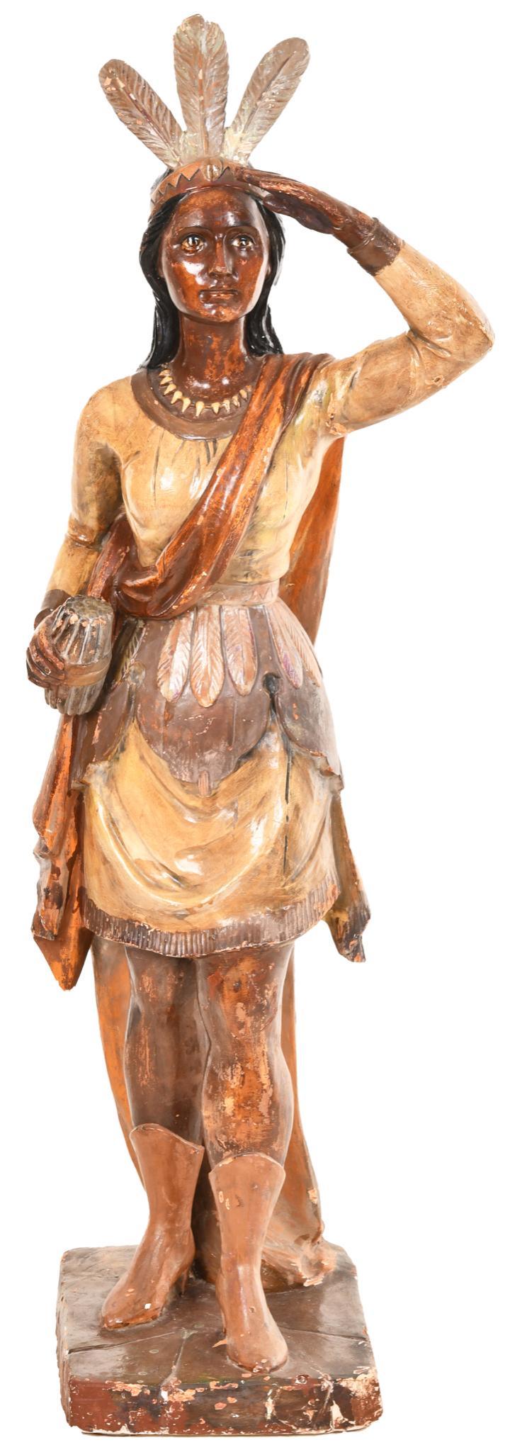 1920's Cigar Store Indian Princess Plaster Statue: In very good condition, arm and top of her feathers have been repaired, has minor chips, 61" tall.